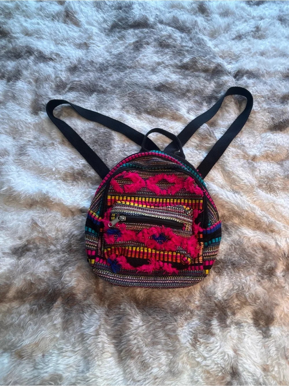 Boho Pink Multicolor Mini Backpack with Front Zip Pocket